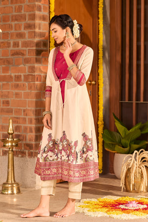 Off-White & Magenta A-Line Kurta with Mural Print