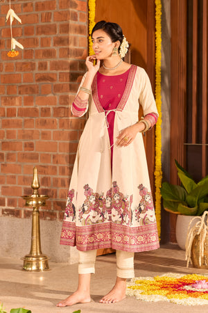 Off-White & Magenta A-Line Kurta with Mural Print