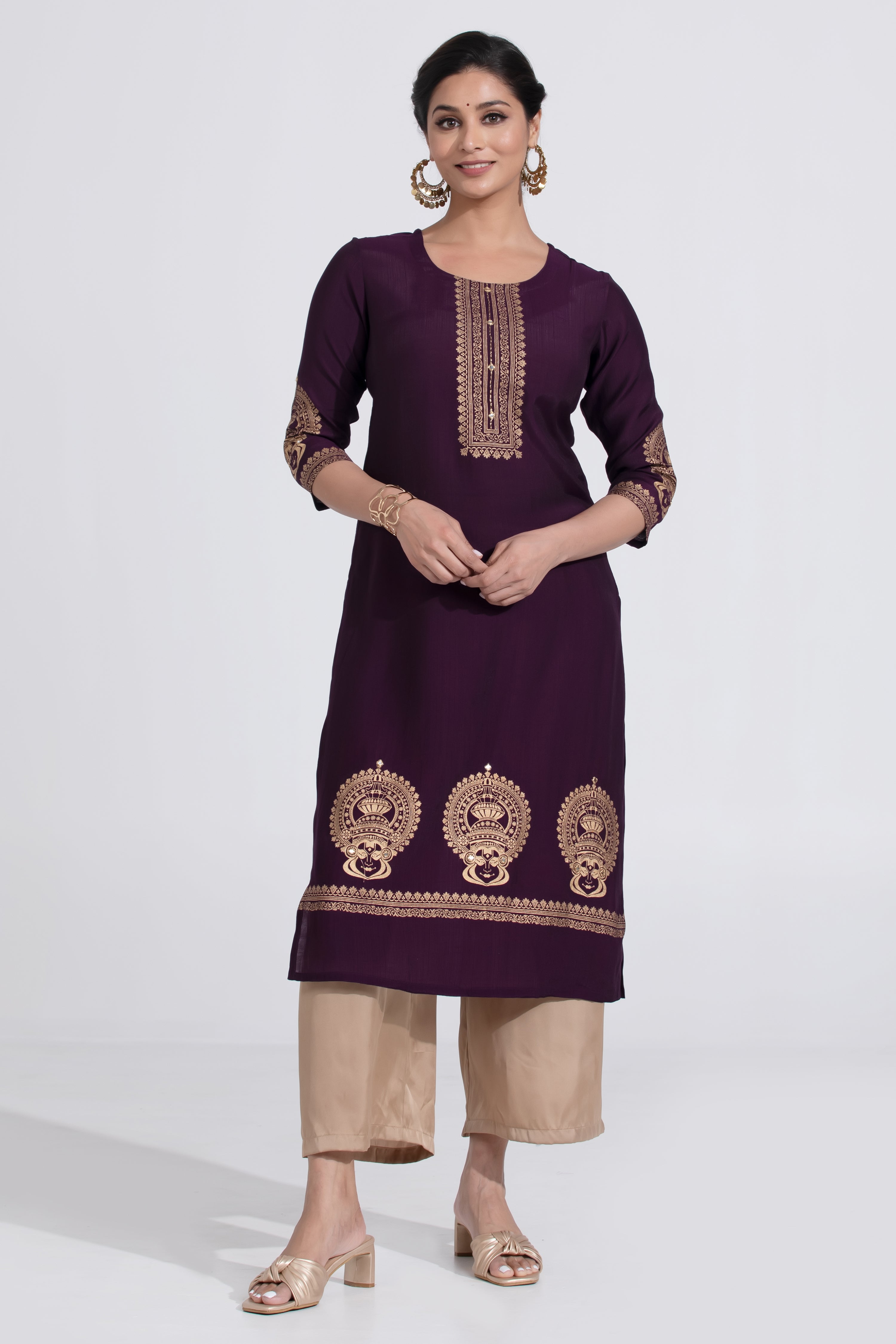 Purple Straight Kurta with Golden Kathakali Print & Foil Mirror Work