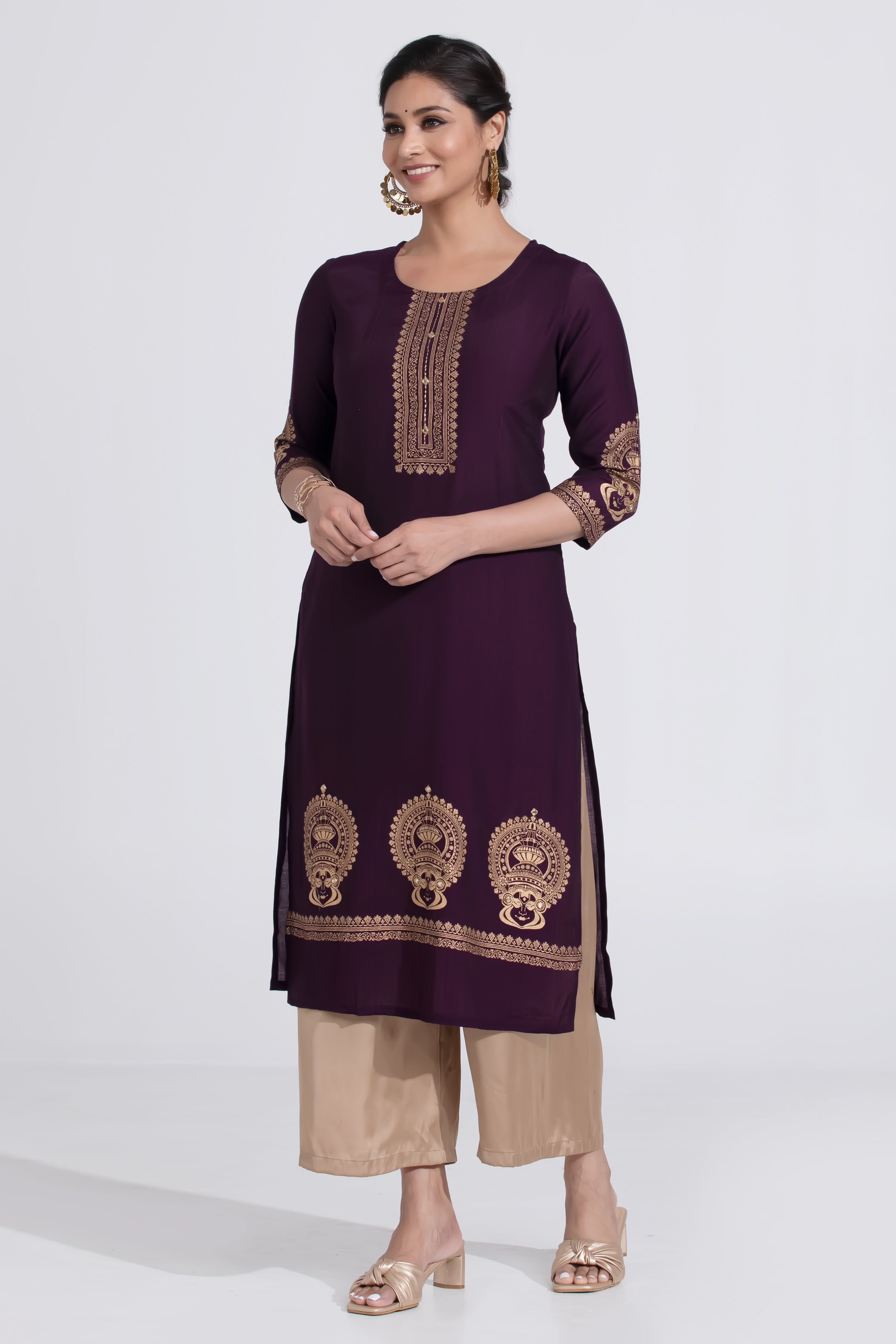 Purple Straight Kurta with Golden Kathakali Print & Foil Mirror Work