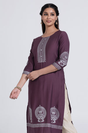 Purple Straight Kurta with Kathakali Print & Foil Mirror Work