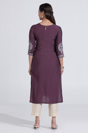 Purple Straight Kurta with Kathakali Print & Foil Mirror Work