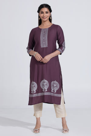 Purple Straight Kurta with Kathakali Print & Foil Mirror Work