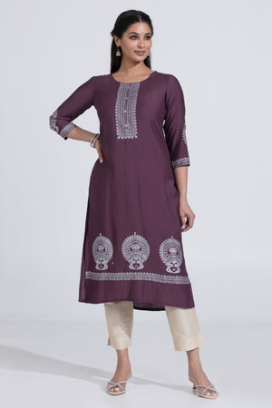 Purple Straight Kurta with Kathakali Print & Foil Mirror Work
