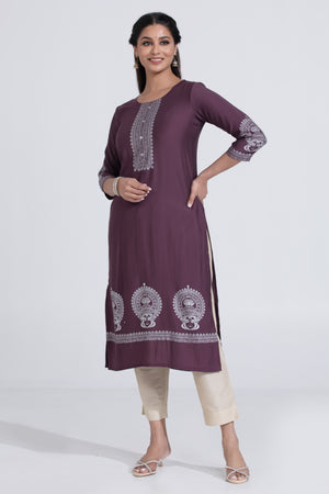 Purple Straight Kurta with Kathakali Print & Foil Mirror Work