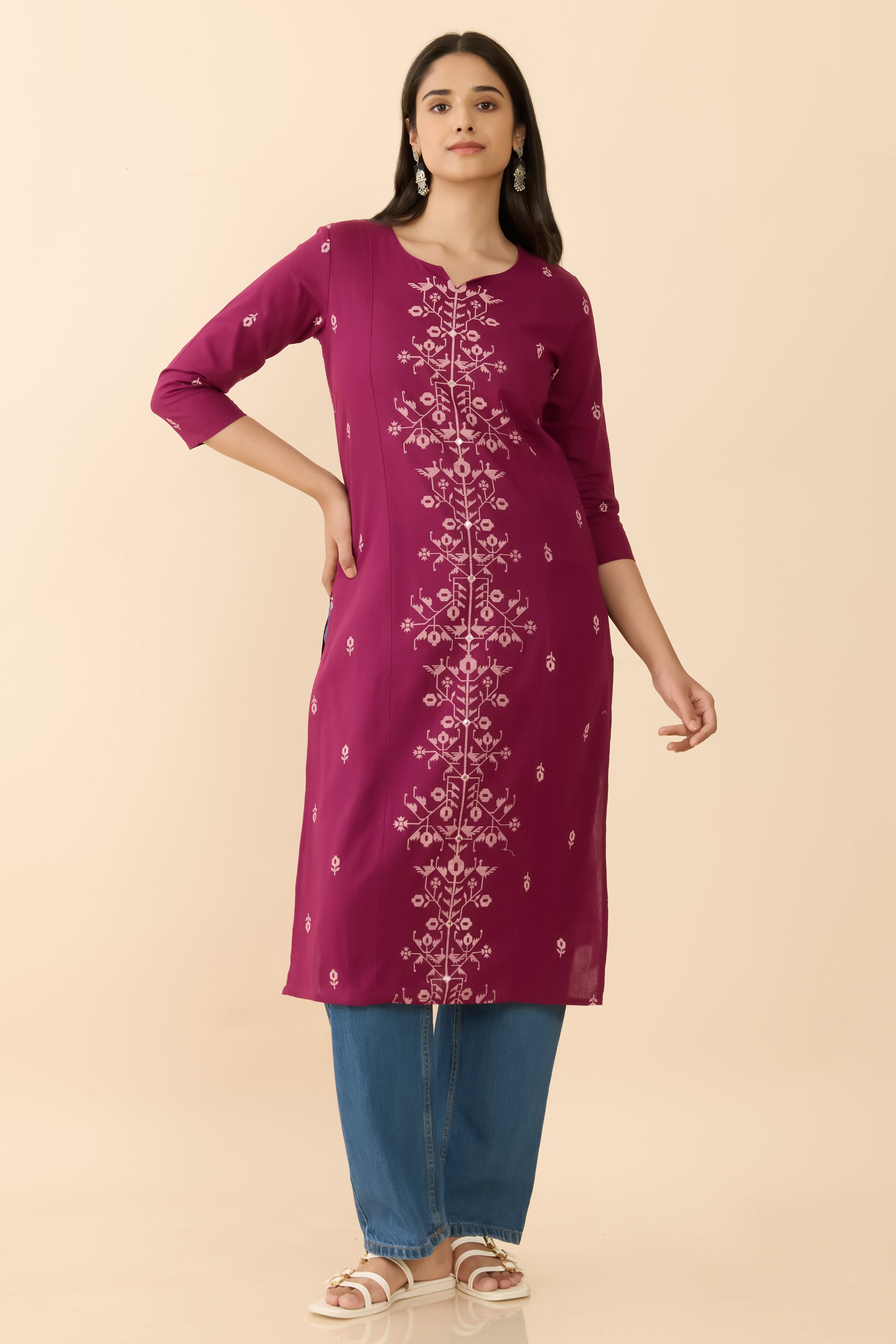 MAGENTA JAMDANI STRAIGHT CUT KURTA
