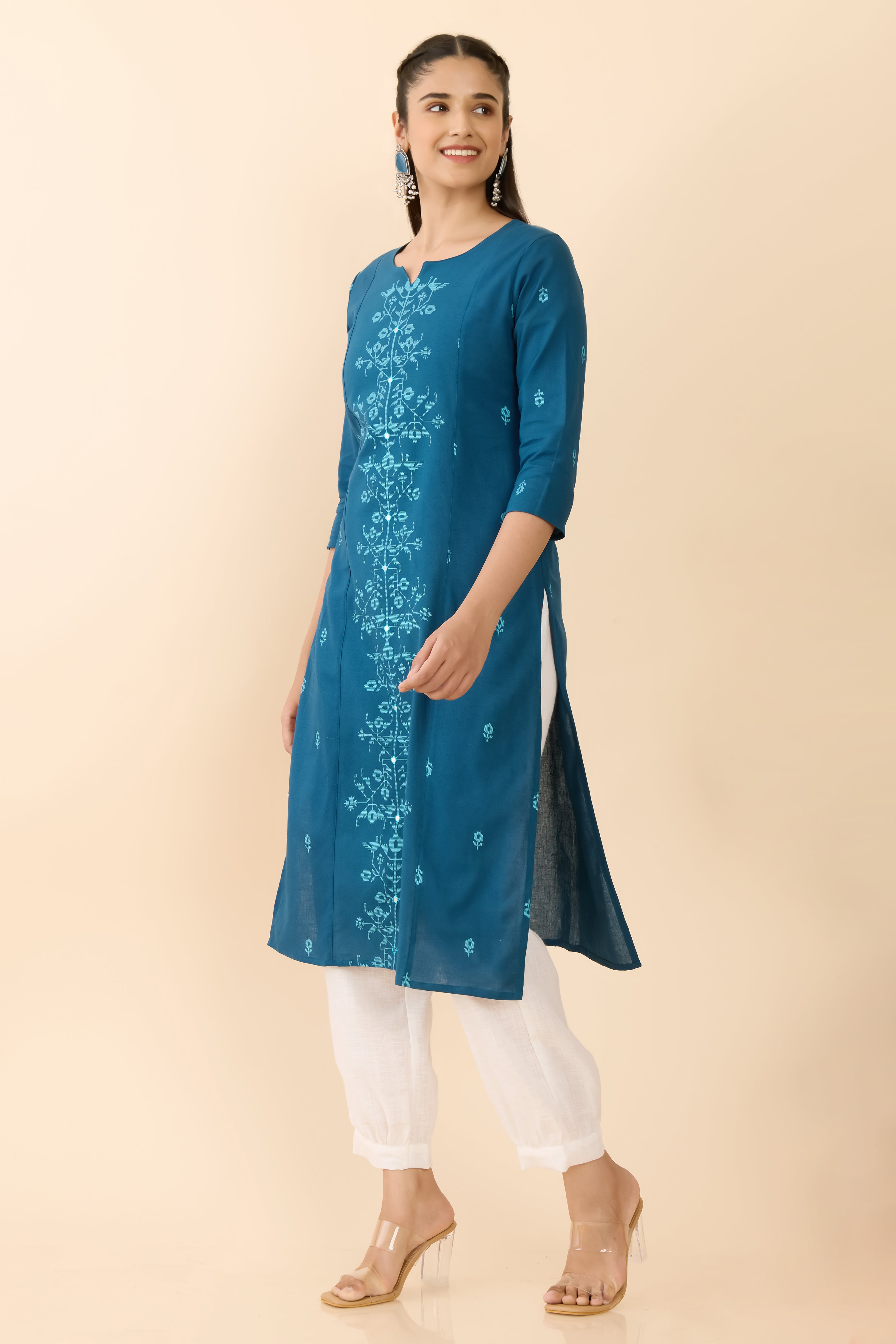 TURQUOISE JAMDANI STRAIGHT CUT KURTA