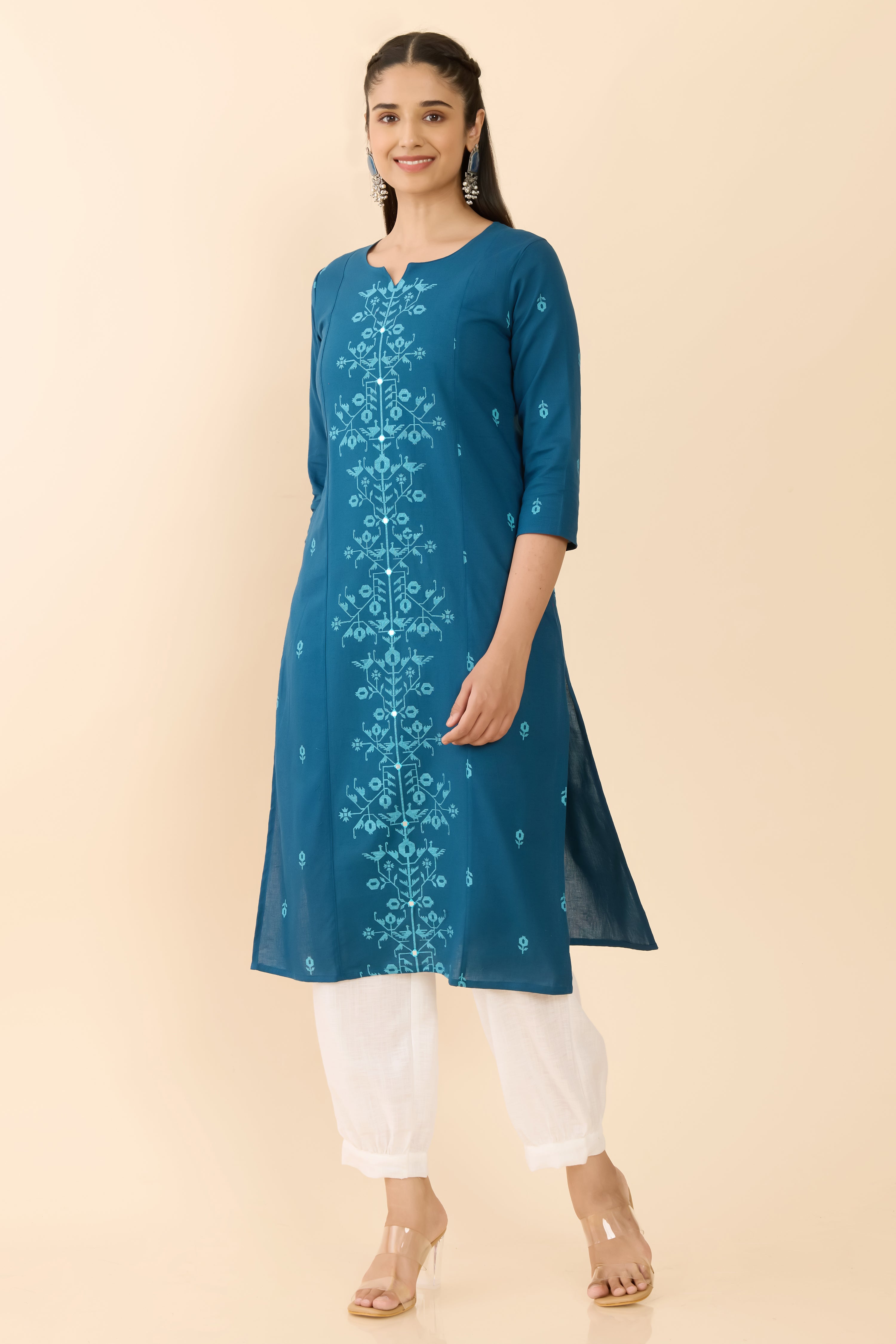 TURQUOISE JAMDANI STRAIGHT CUT KURTA