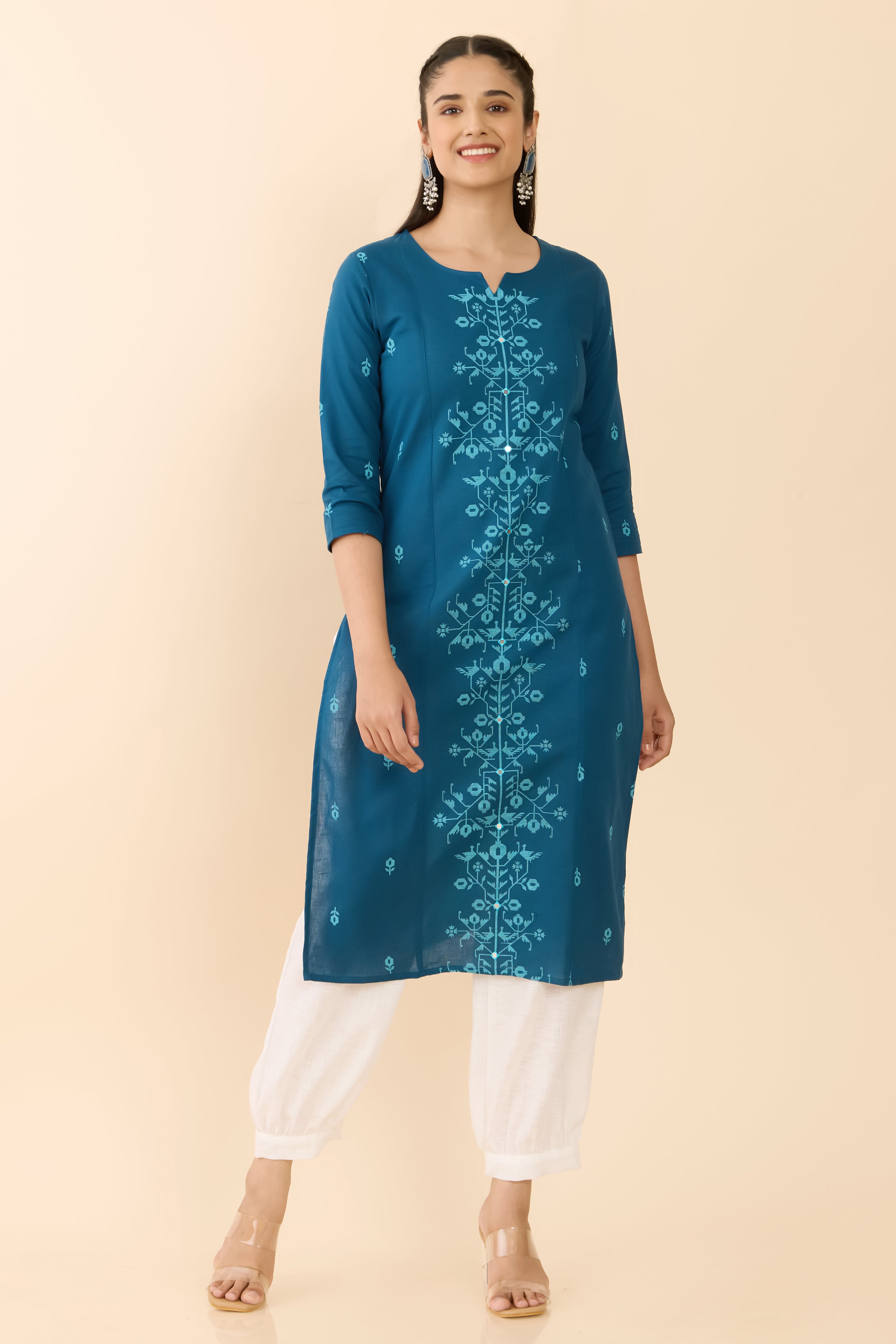 TURQUOISE JAMDANI STRAIGHT CUT KURTA