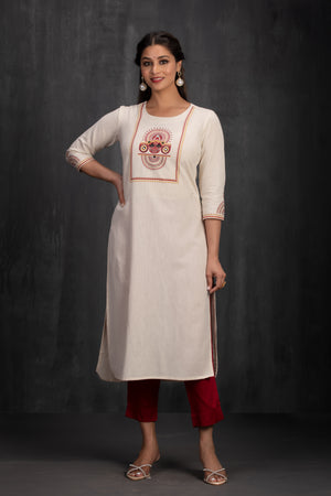 Off-White Theiyyam Print Straight Kurta with Key Hole on Back