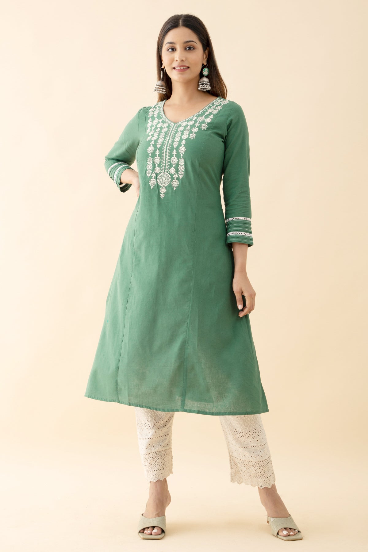 Jewel Inspired Embroidered Kurta - Green