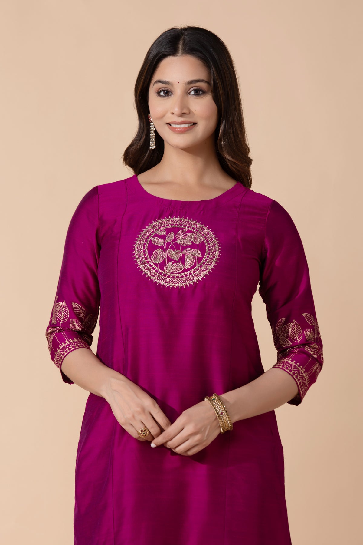 Pink Floral Embroidered Straight Kurta