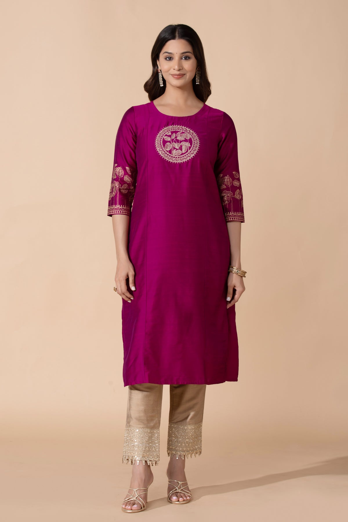 Pink Floral Embroidered Straight Kurta