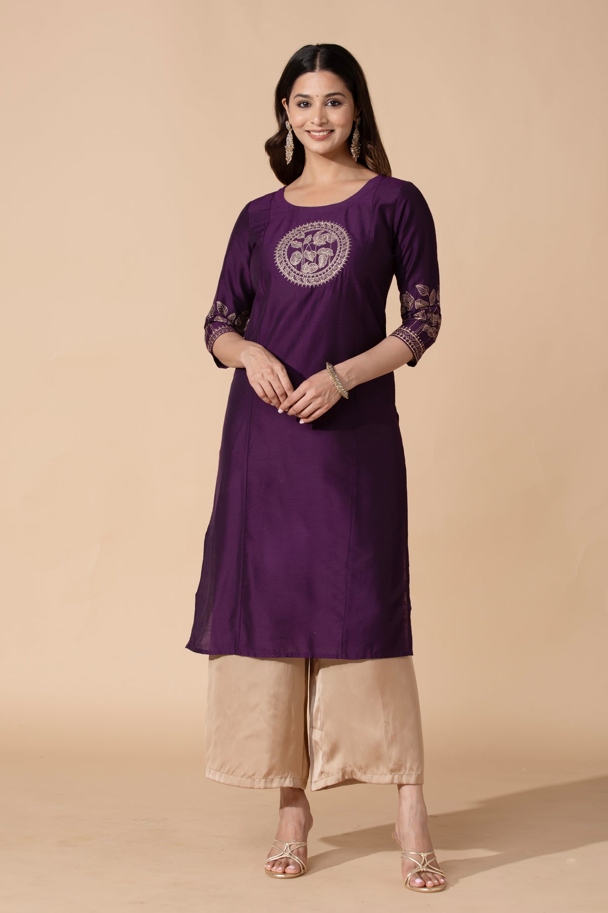 Purple Floral Embroidered Straight Kurta