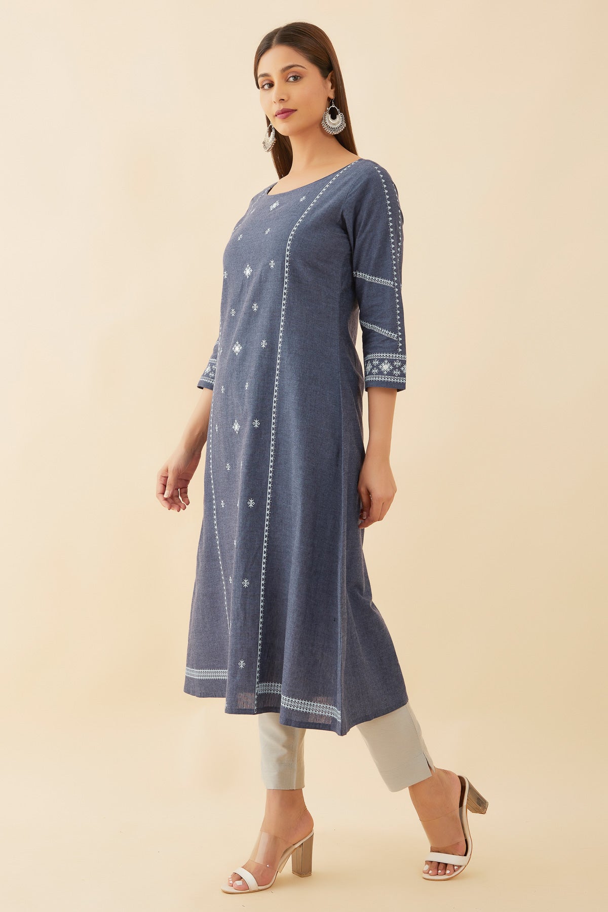 All Over Geometric Printed With Foil Mirror Detail A Line Kurta Blue