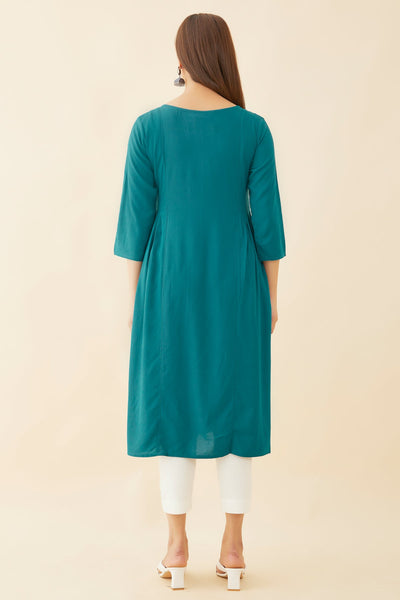 All Over Leave Motif Embroidered A Line Kurta Blue