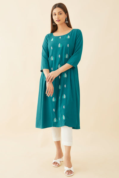 All Over Leave Motif Embroidered A Line Kurta Blue