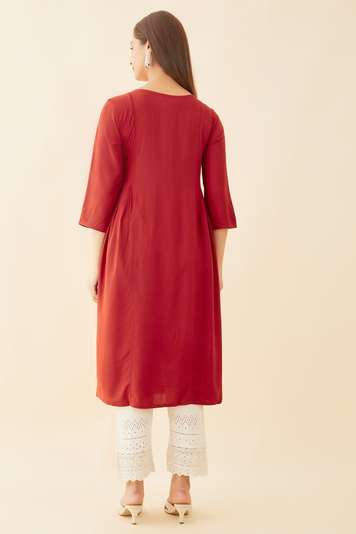 All Over Leave Motif Embroidered A Line Kurta Rust