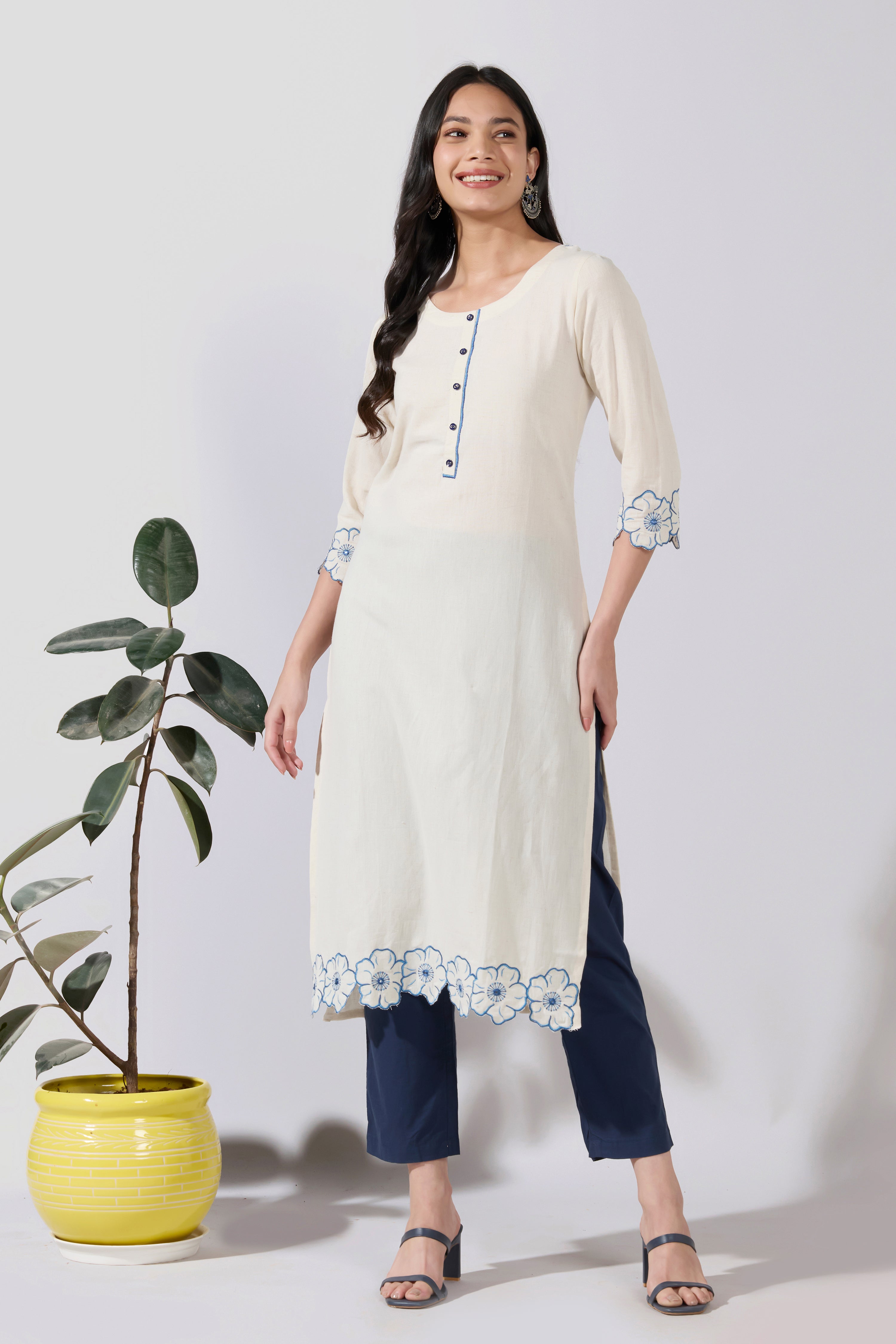Floral Embroidered Cotton Blue Kurta with Floral Hemline