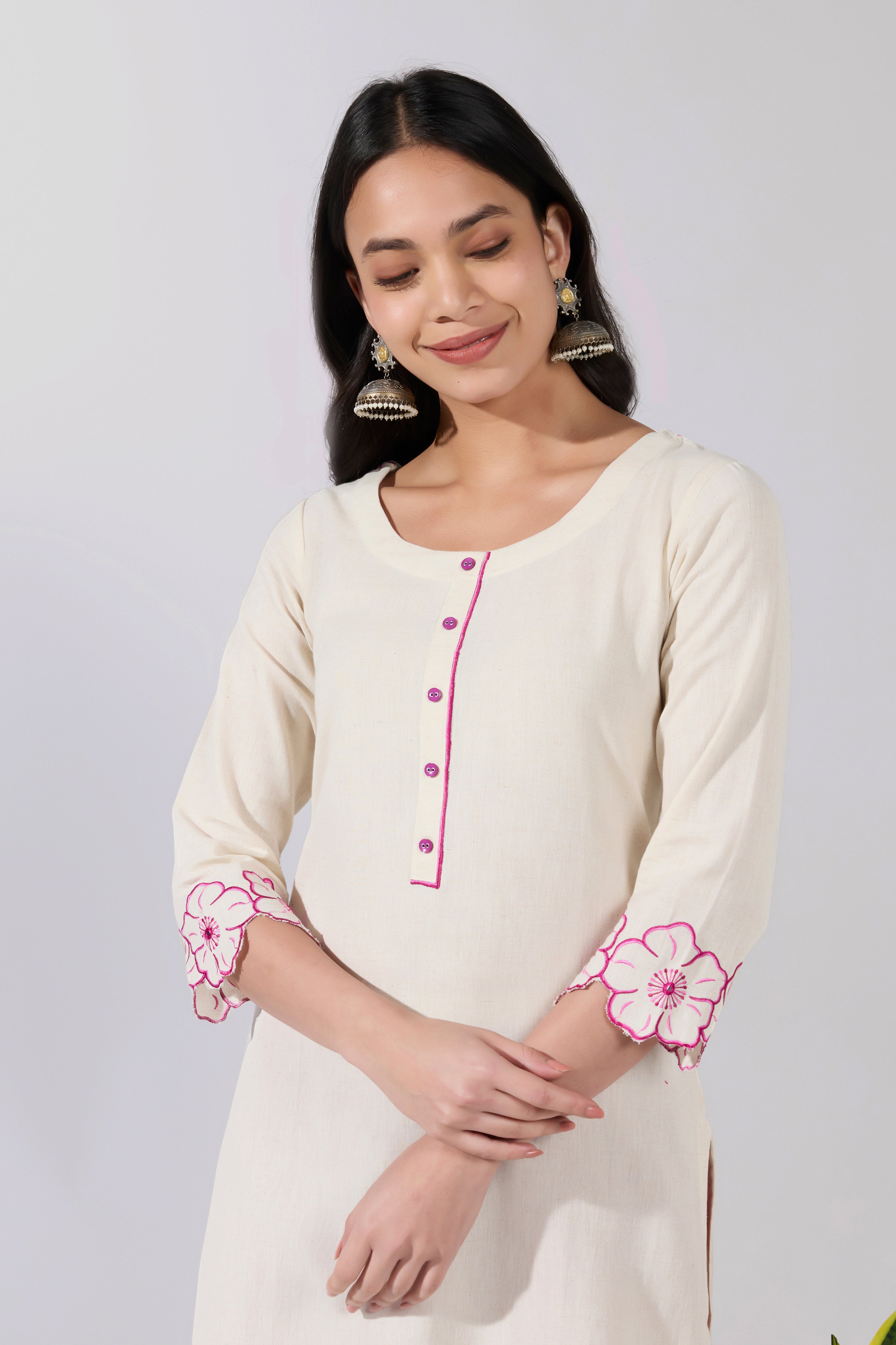 Floral Embroidered Cotton Pink Kurta with Floral Hemline