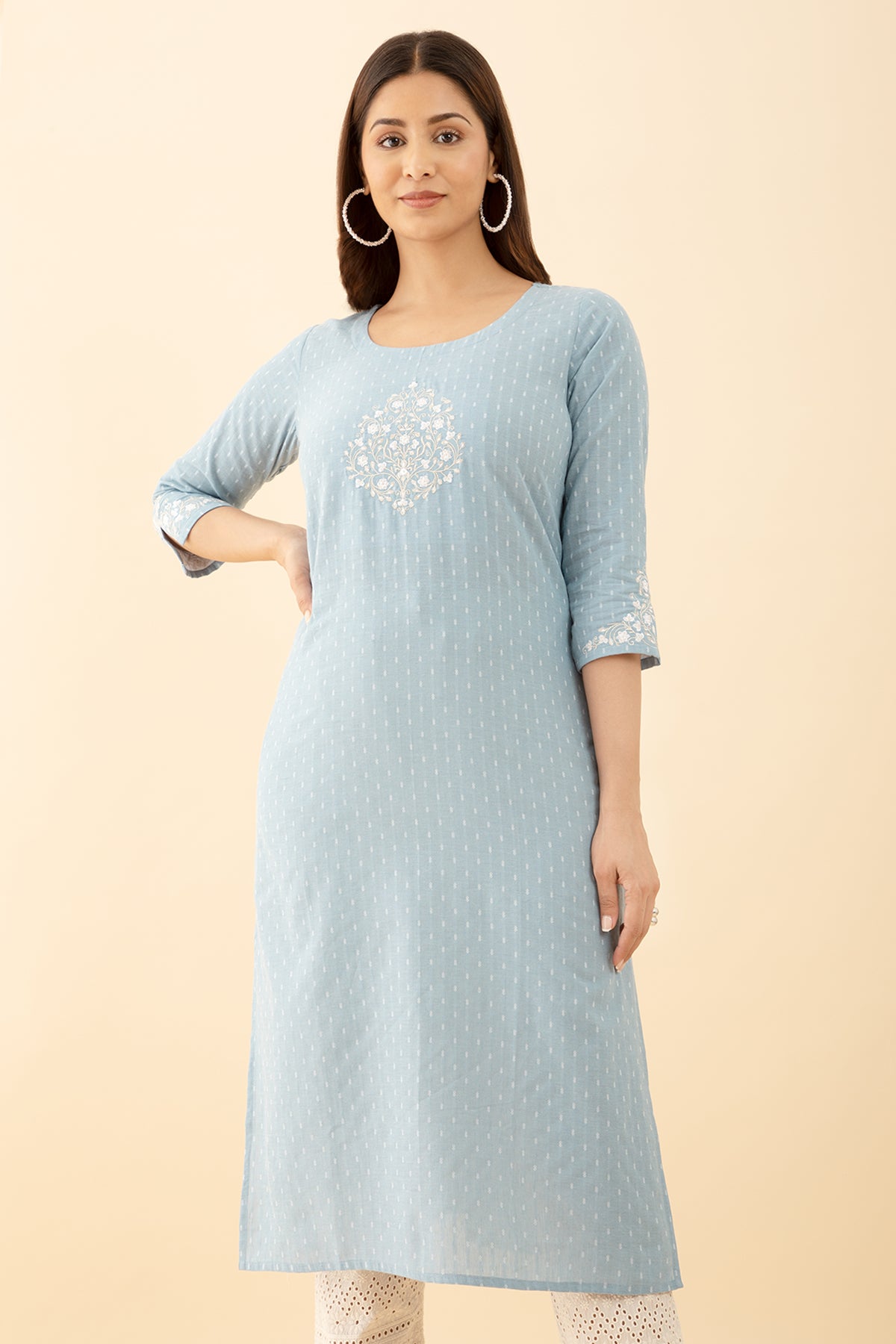 Dobby Blue Floral Kurta Embroidered Round Neck