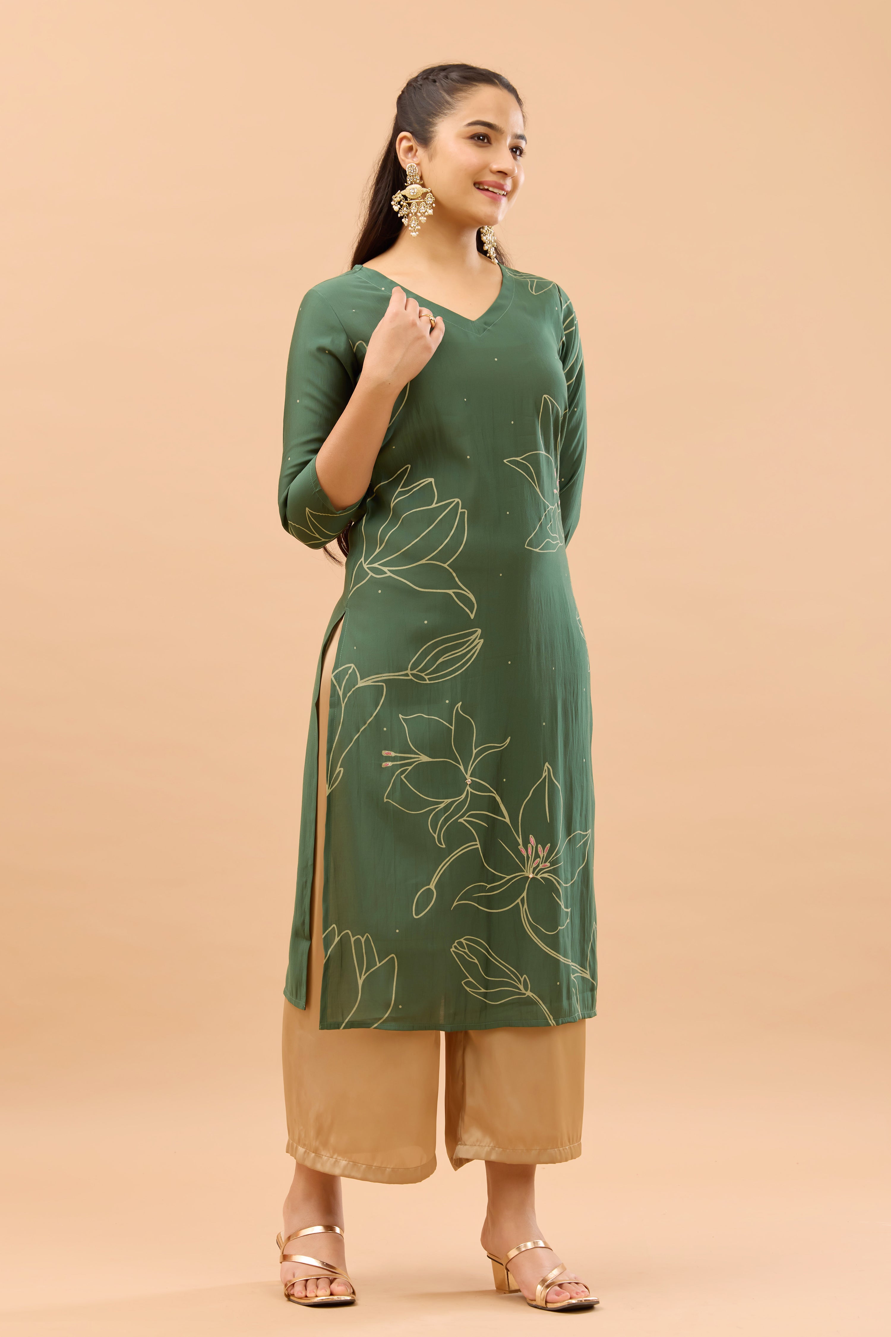 Floral Line Printed Green Monochrome Kurta