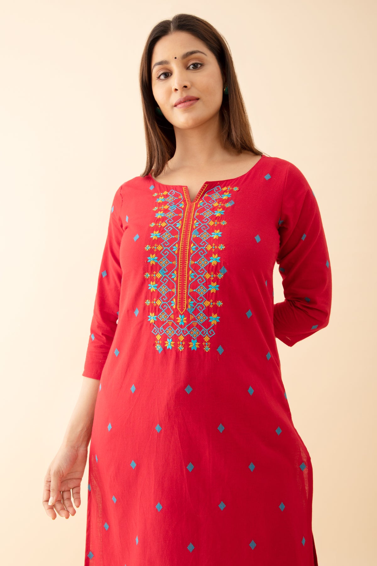 Dobby Weave kurta with Contrast Yoke Embroidery Red