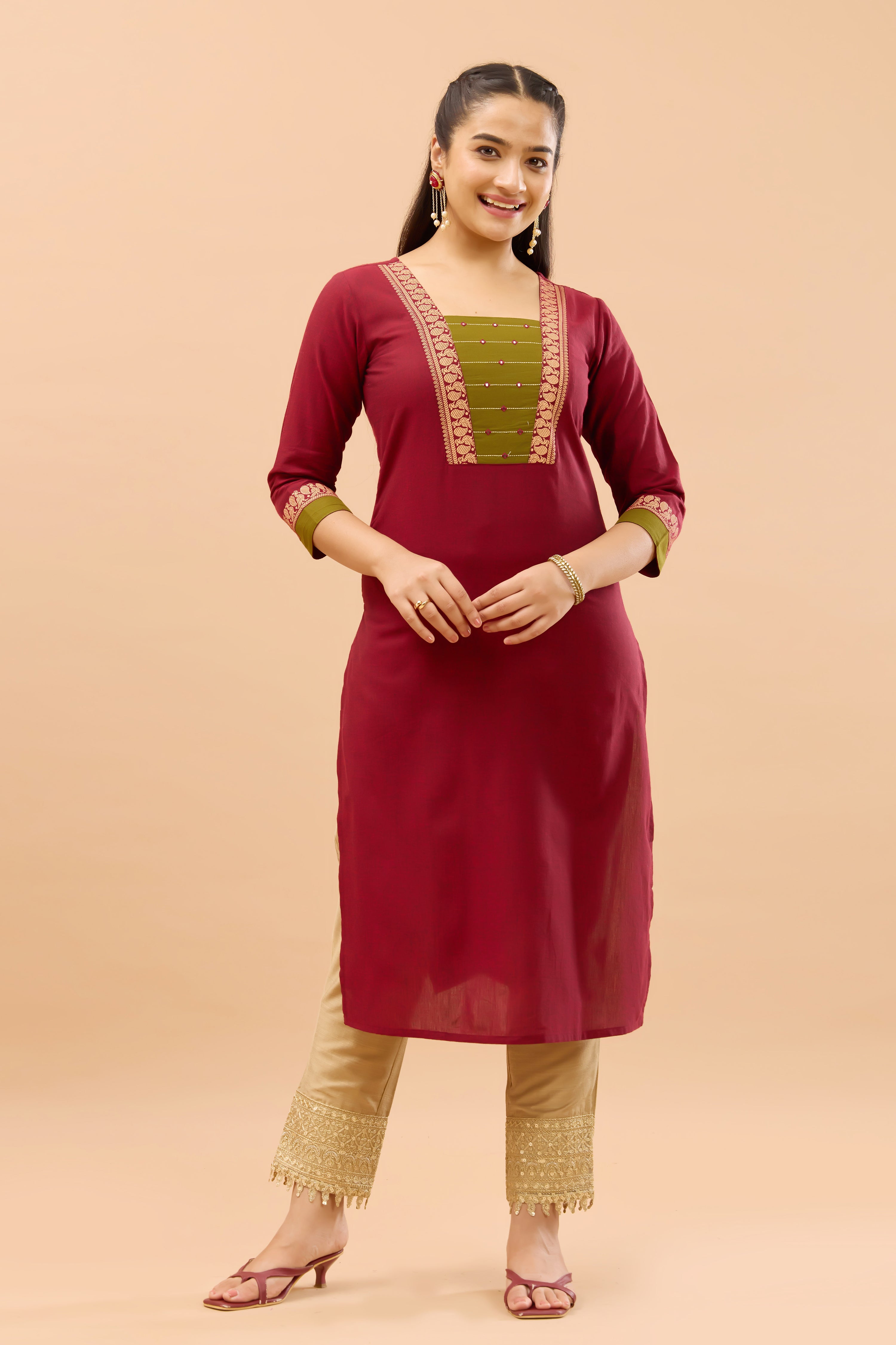 Annam Printed & Embroidered Maroon Cotton Kurta