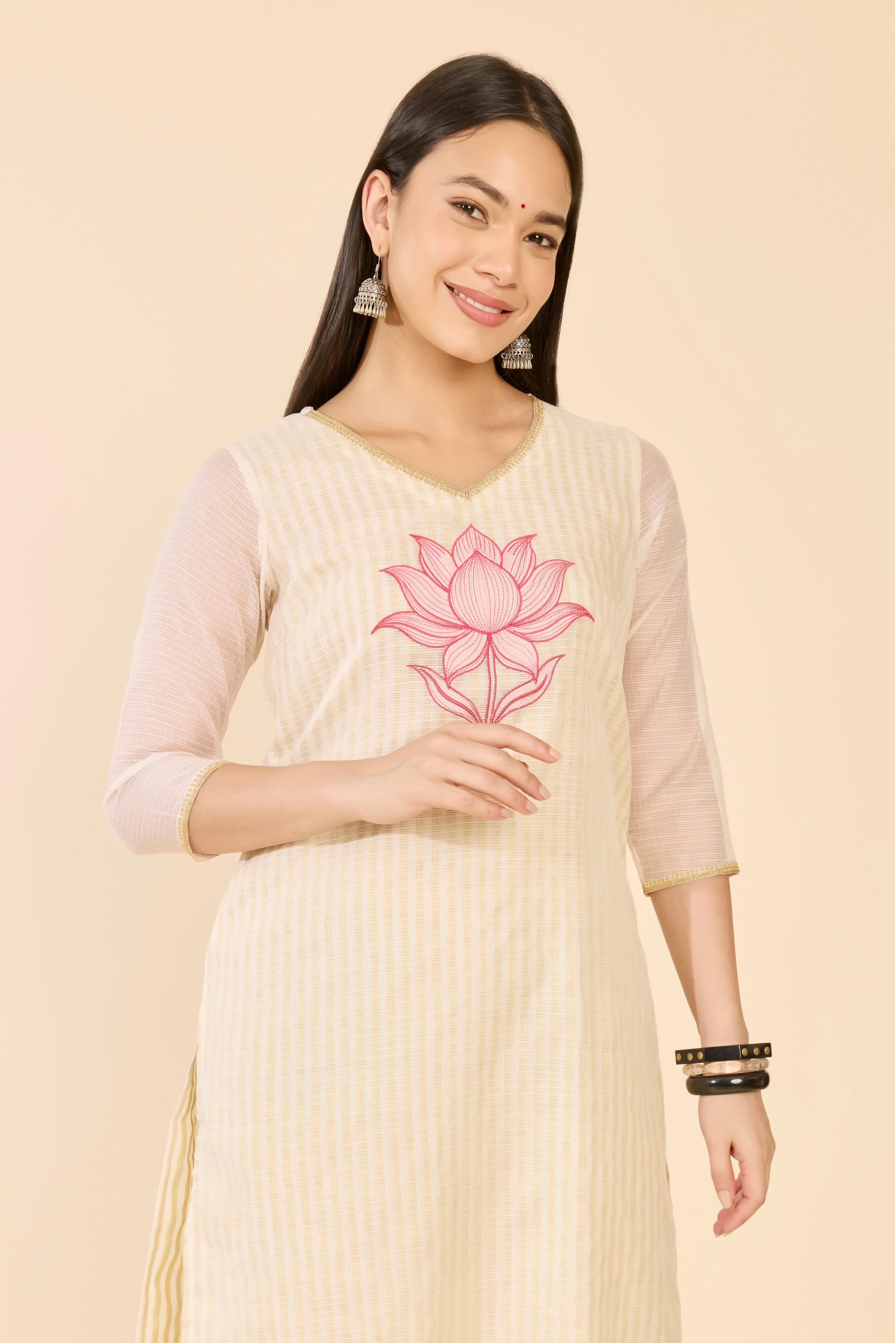 Off White Lotus Applique Kurta
