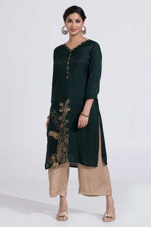 Green Makkati Kurta with Foil Mirror Work & Golden Print