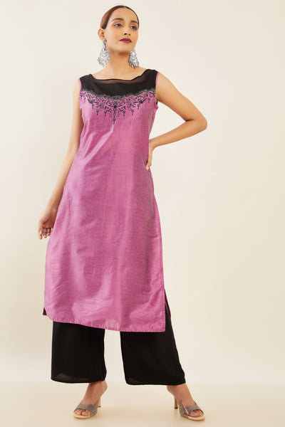 Contrast Double Layered Net with Vintage Floral Embroidered Sleeveless Kurta Purple