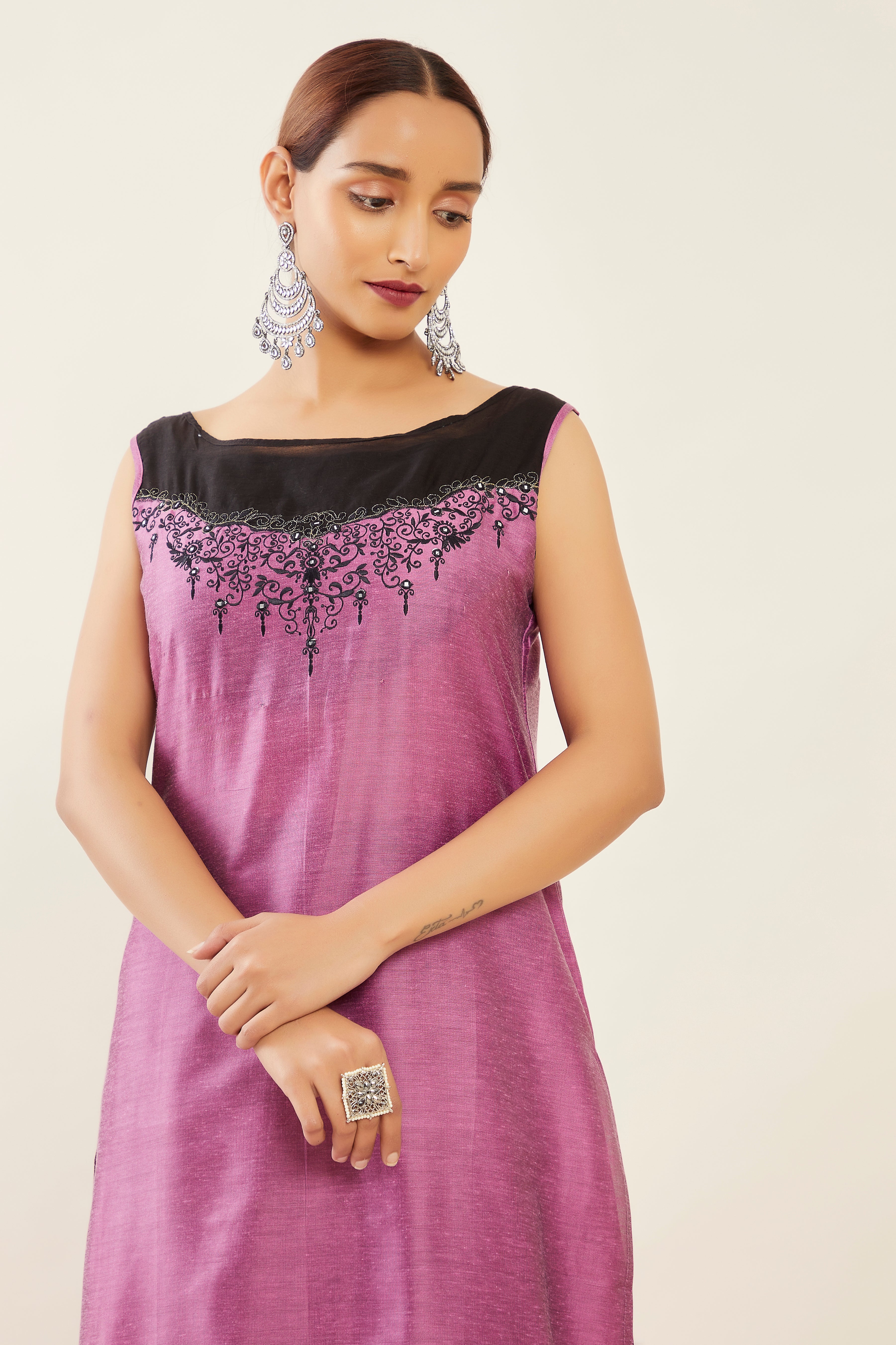 Contrast Double Layered Net with Vintage Floral Embroidered Sleeveless Kurta Purple