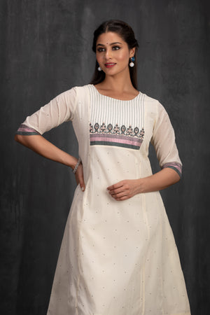 Off-White Cotton A-Line Kurta with Embroidery & Foil Mirror Yoke