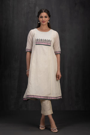 Off-White Cotton A-Line Kurta with Embroidery & Foil Mirror Yoke