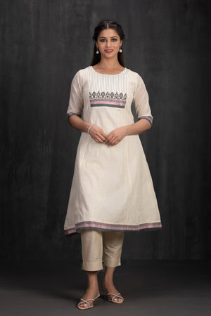 Off-White Cotton A-Line Kurta with Embroidery & Foil Mirror Yoke