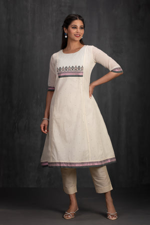 Off-White Cotton A-Line Kurta with Embroidery & Foil Mirror Yoke