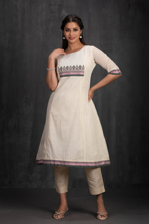 Off-White Cotton A-Line Kurta with Embroidery & Foil Mirror Yoke