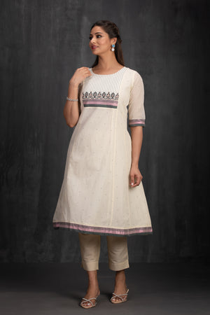 Off-White Cotton A-Line Kurta with Embroidery & Foil Mirror Yoke