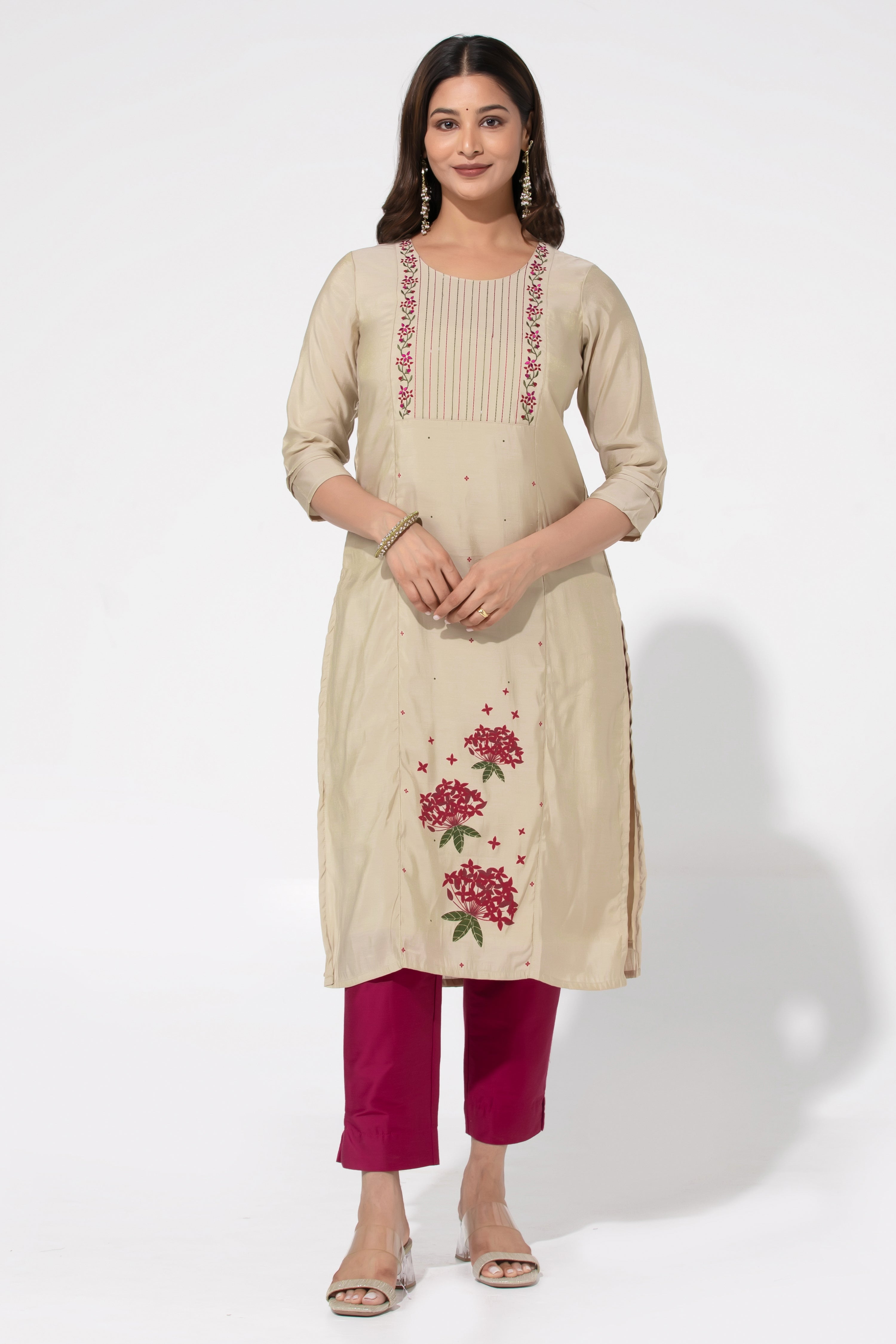 Beige Floral Design Embroidered Kurta in Viscose – Onam Special