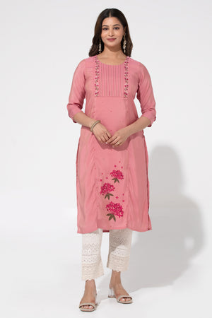 Pink Linen Straight Kurta with Floral Print & Embroidered Yoke