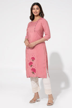 Pink Linen Straight Kurta with Floral Print & Embroidered Yoke