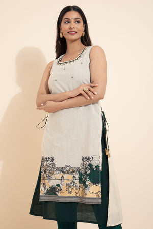 Kathakali Printed Layered Kurta with Side Tie-up - Off-white & Green