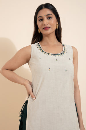 Kathakali Printed Layered Kurta with Side Tie-up - Off-white & Green