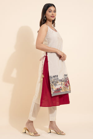 Kathakali Printed Layered Kurta with Side Tie-up - Off-white & Red