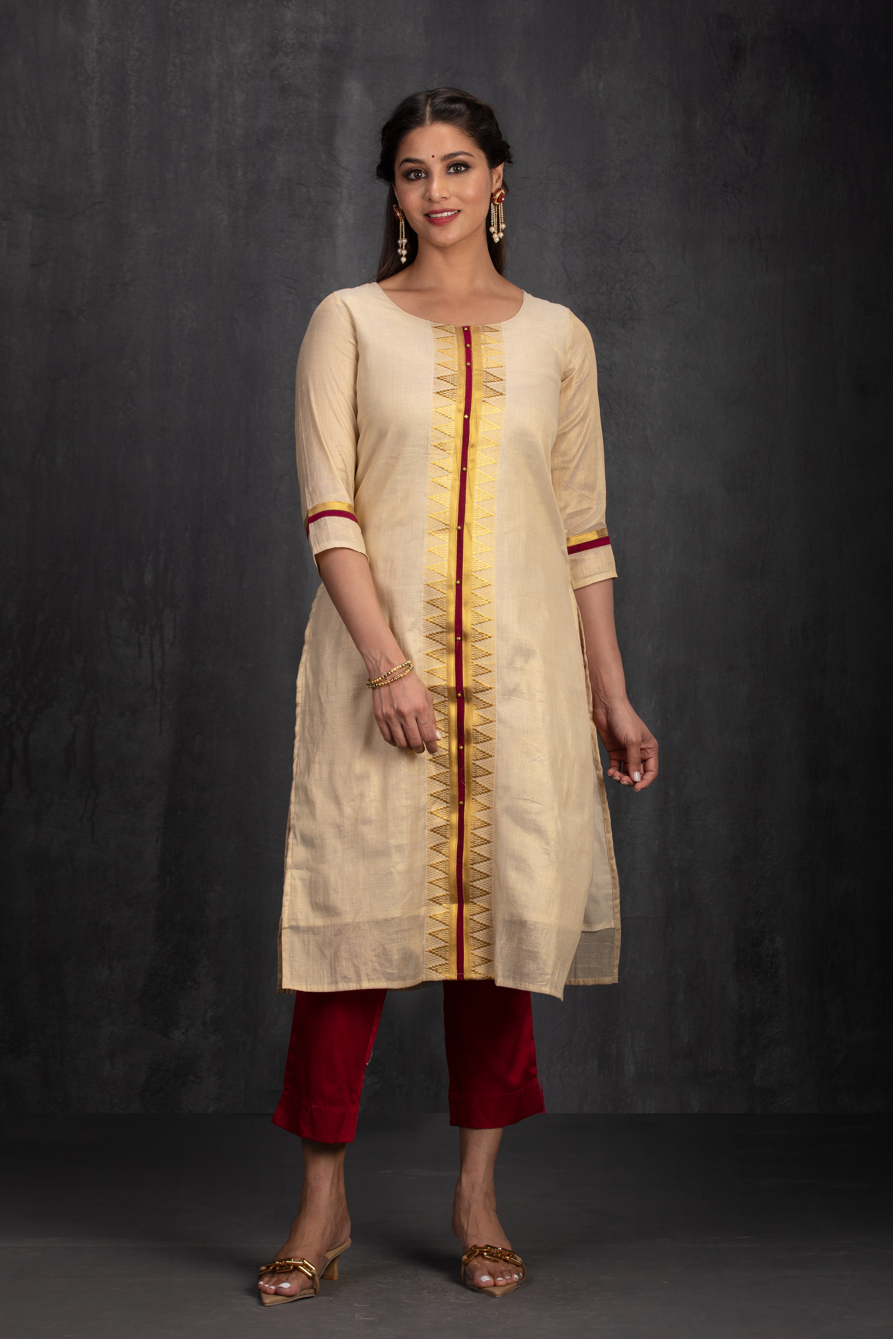 Golden Cotton Kurta &Temple design With Golden Embroidery Work