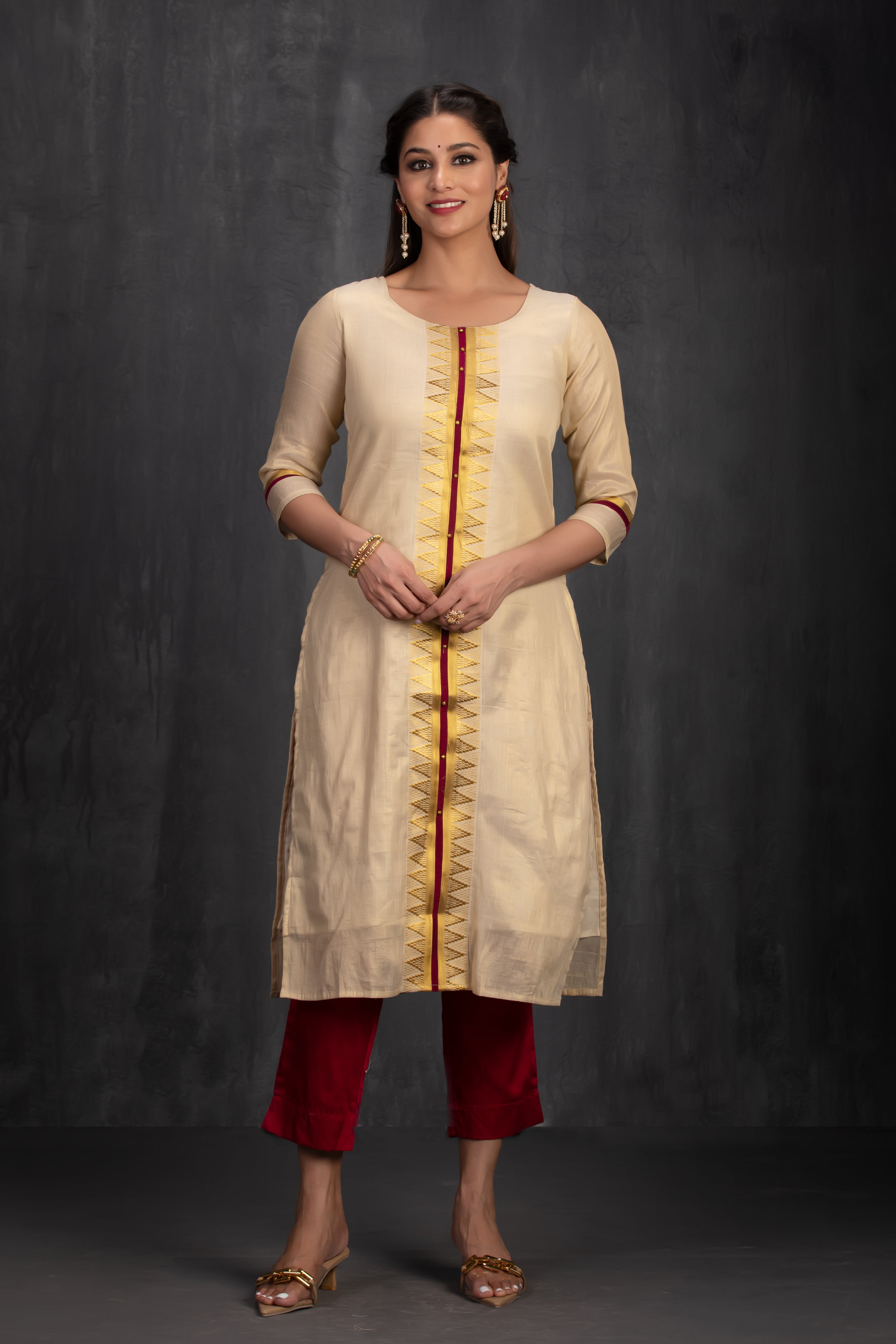Golden Cotton Kurta &Temple design With Golden Embroidery Work