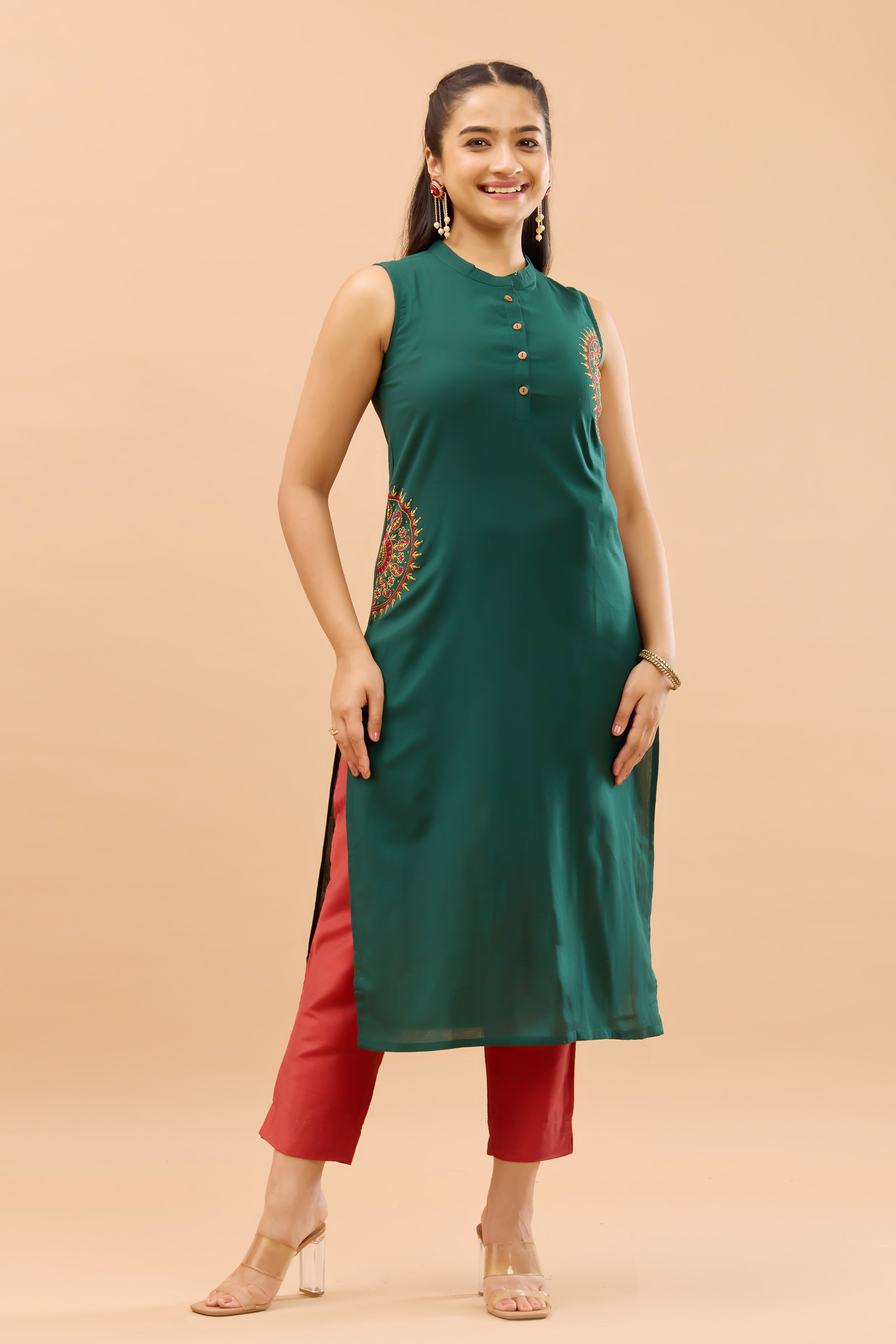 Paisley Mandala Placement Embroidered Green Kurta