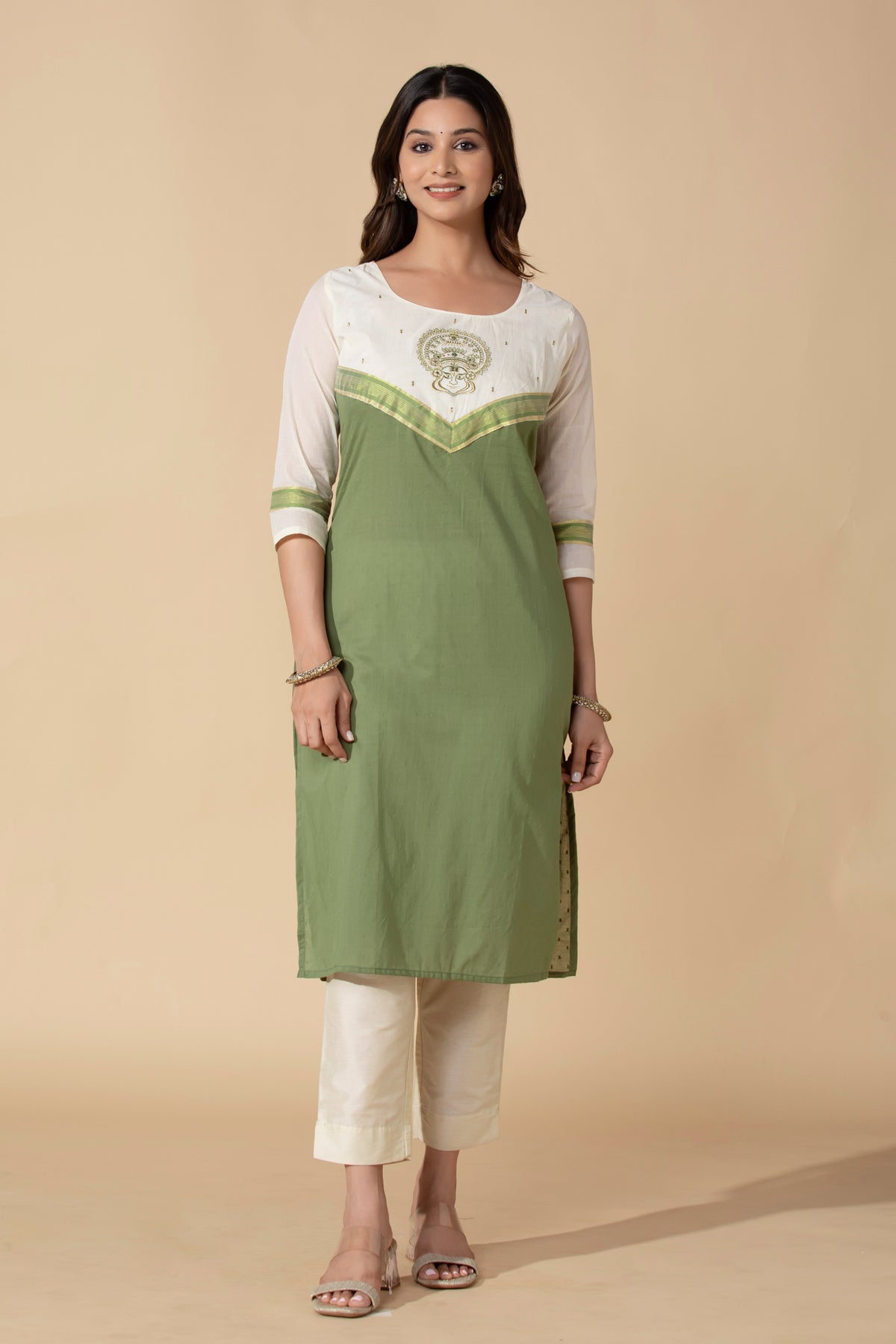Green Kathakali Embroidery Straight Cotton Kurta
