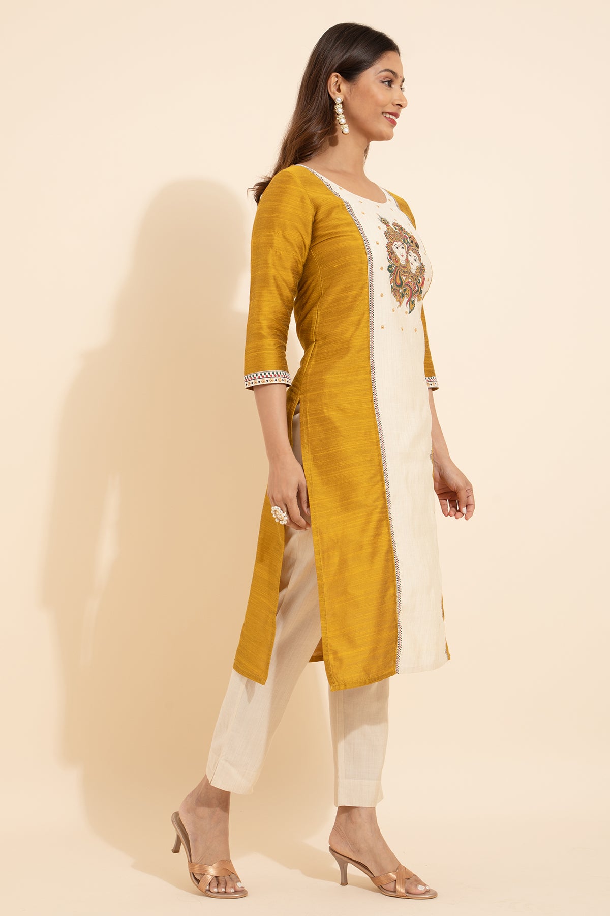 Mural Printed Panelled Kurta - Mustard