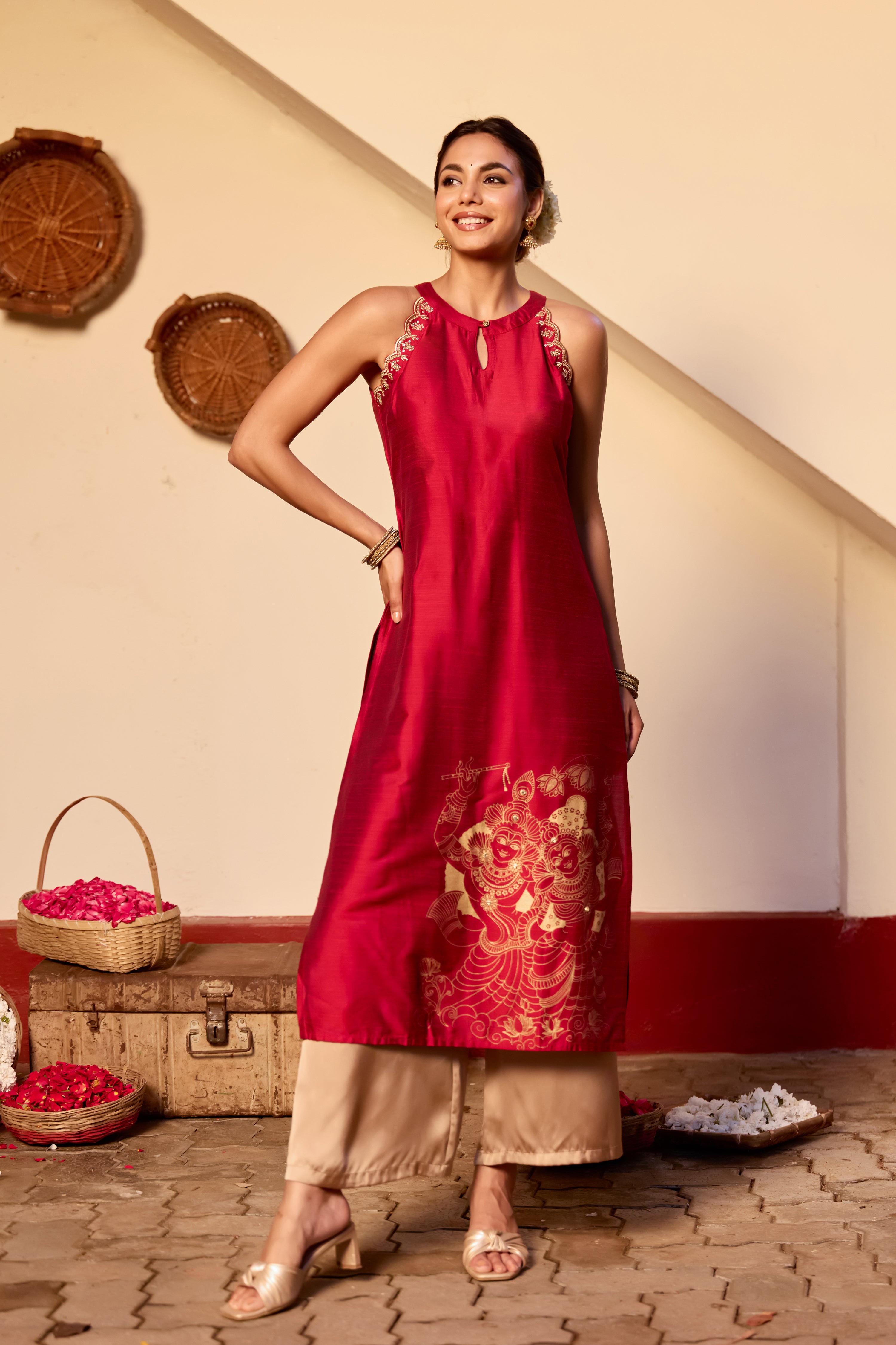 Red Mural Printed Raw Silk Kurta